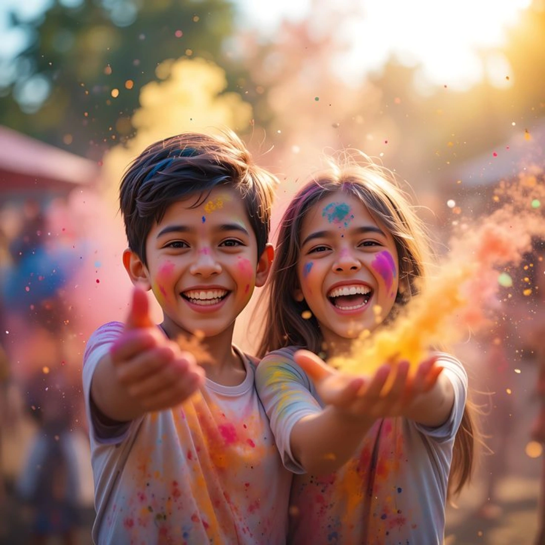 Children enjoying Holi celebrations with colorful powder