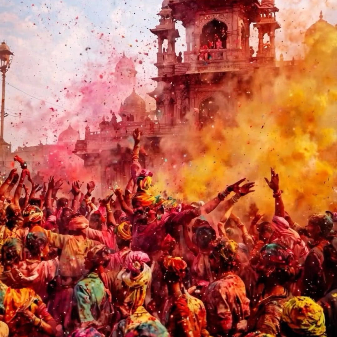 Crowd celebrating Holi with colorful powder clouds in the air